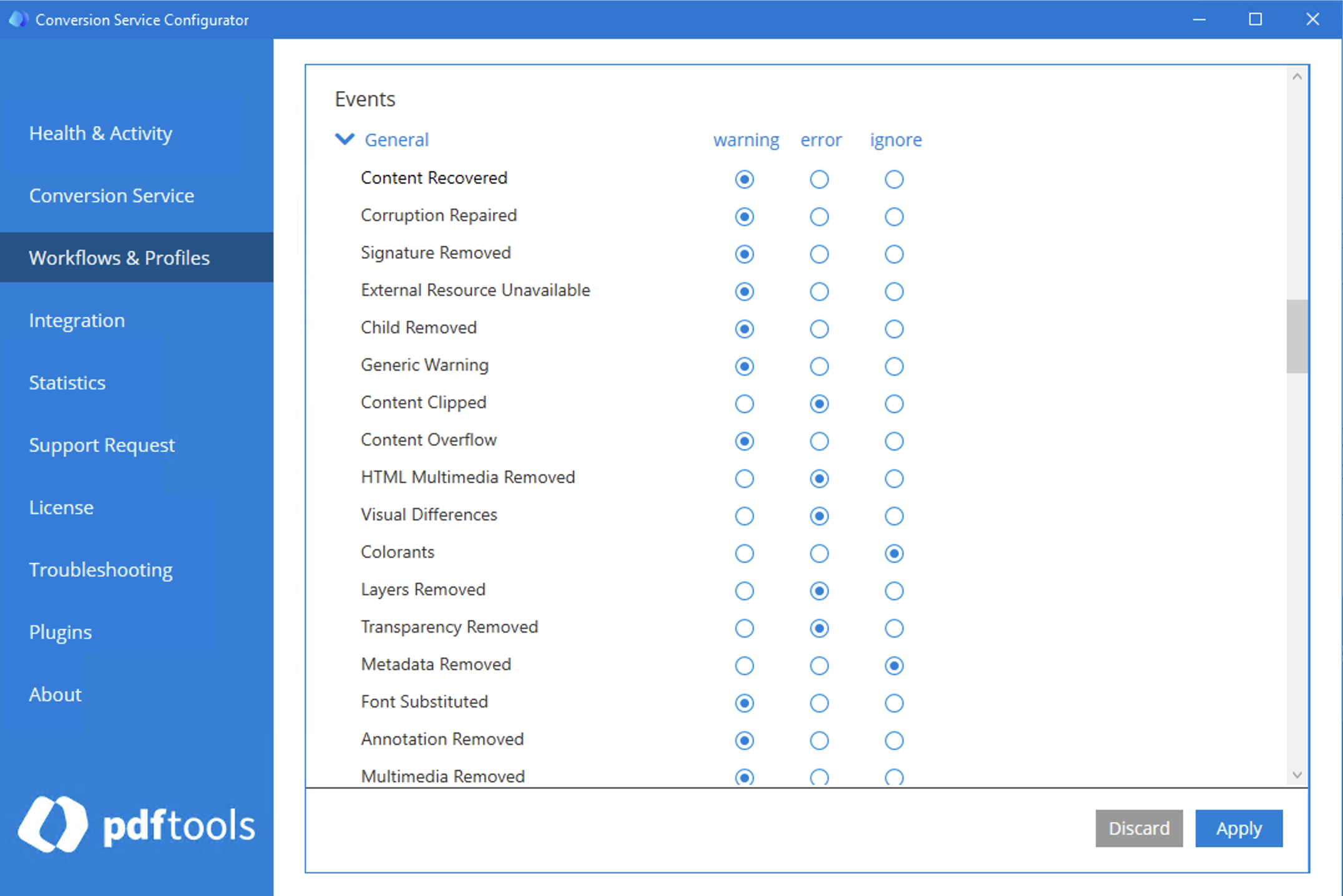 Screenshot of the profile configuration from the Conversion Service Configurator showcasing the Events with configurable warnings, ignored, and error toggles for various events.