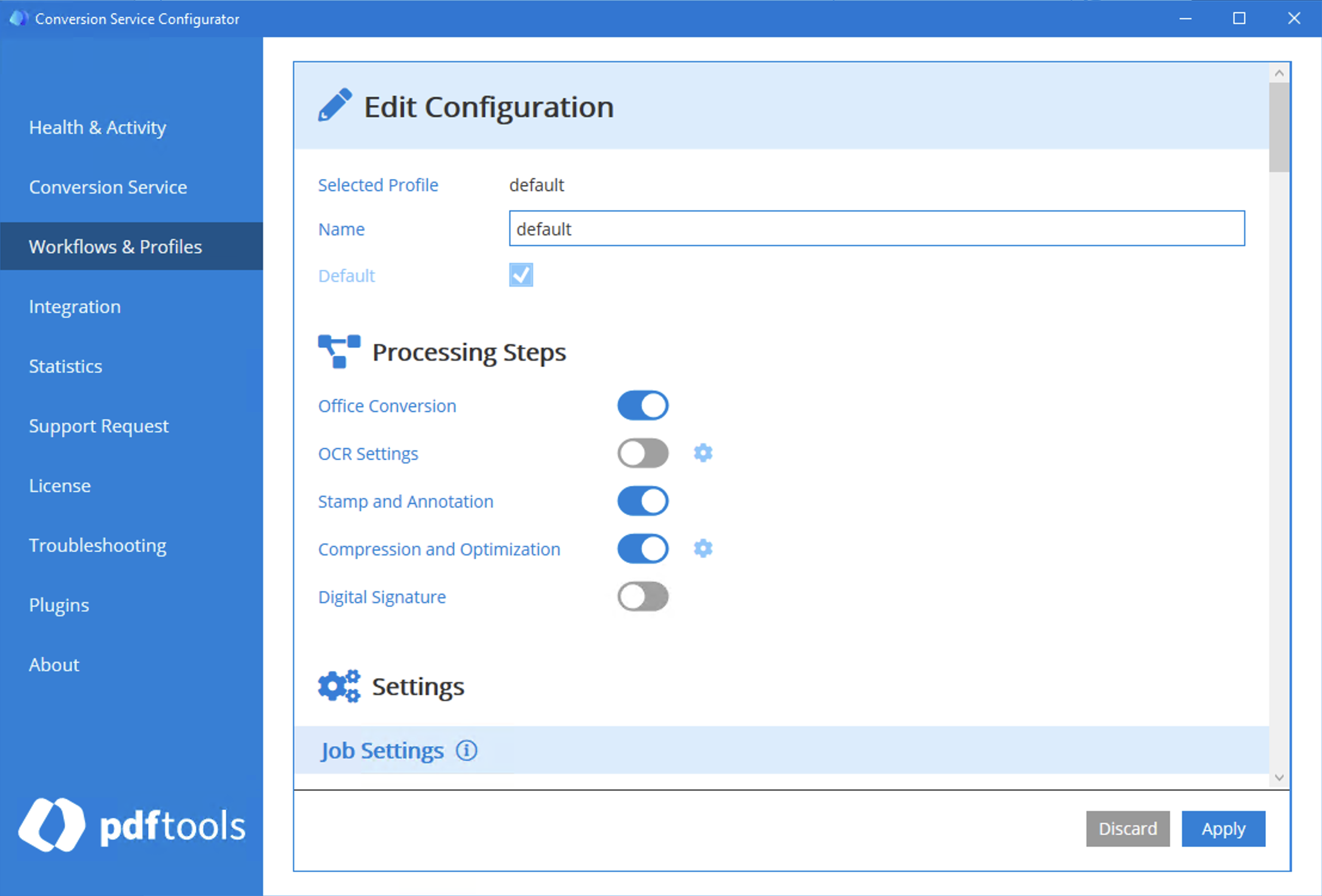 Screenshot of the profile configuration from the Conversion Service Configurator showcasing changes of Document Optimization to Compression and Optimization, and Stamping to Stamp and Annotation.