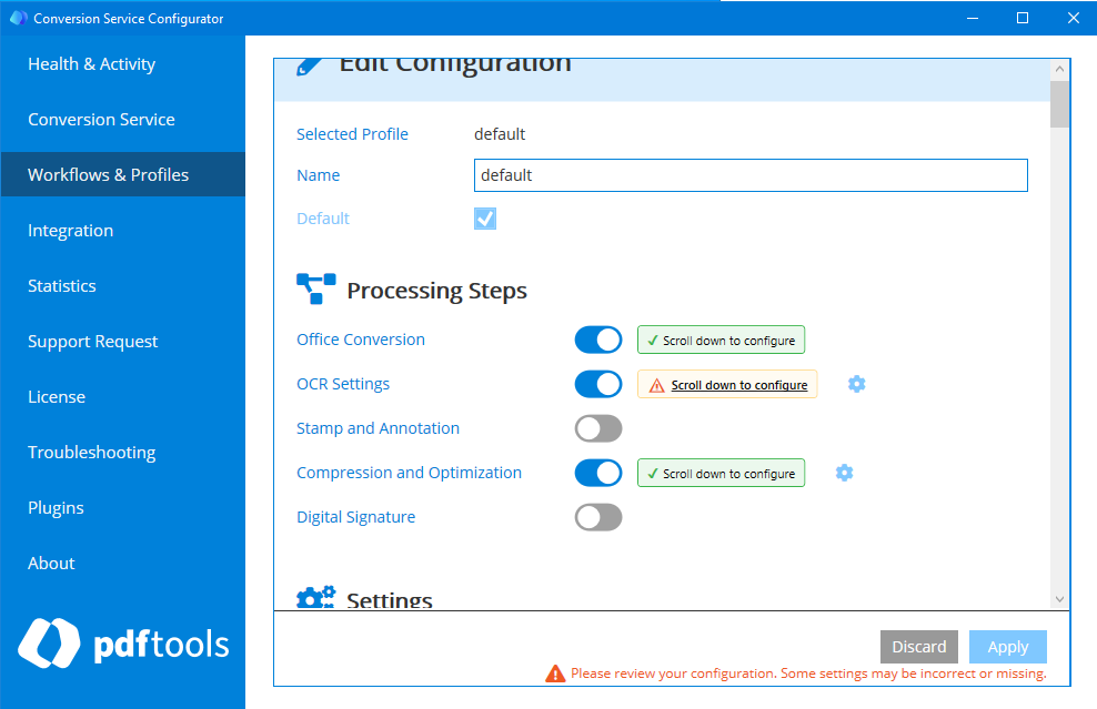 Screenshot of the Conversion Service Configurator Processing Steps user interface with clickable links and navigation improvements.