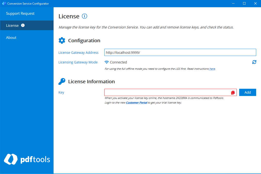 Screenshot of the Conversion Service Configurator with only three tabs displayed because no license key is activated.