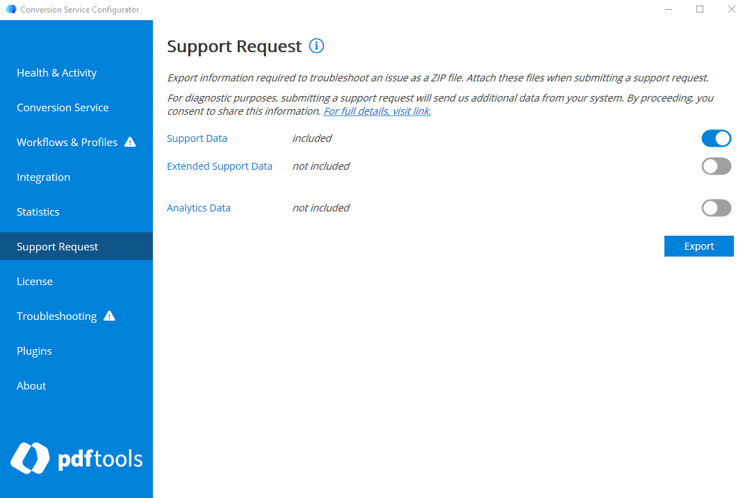 Support Request tab of the Conversion Service Configurator