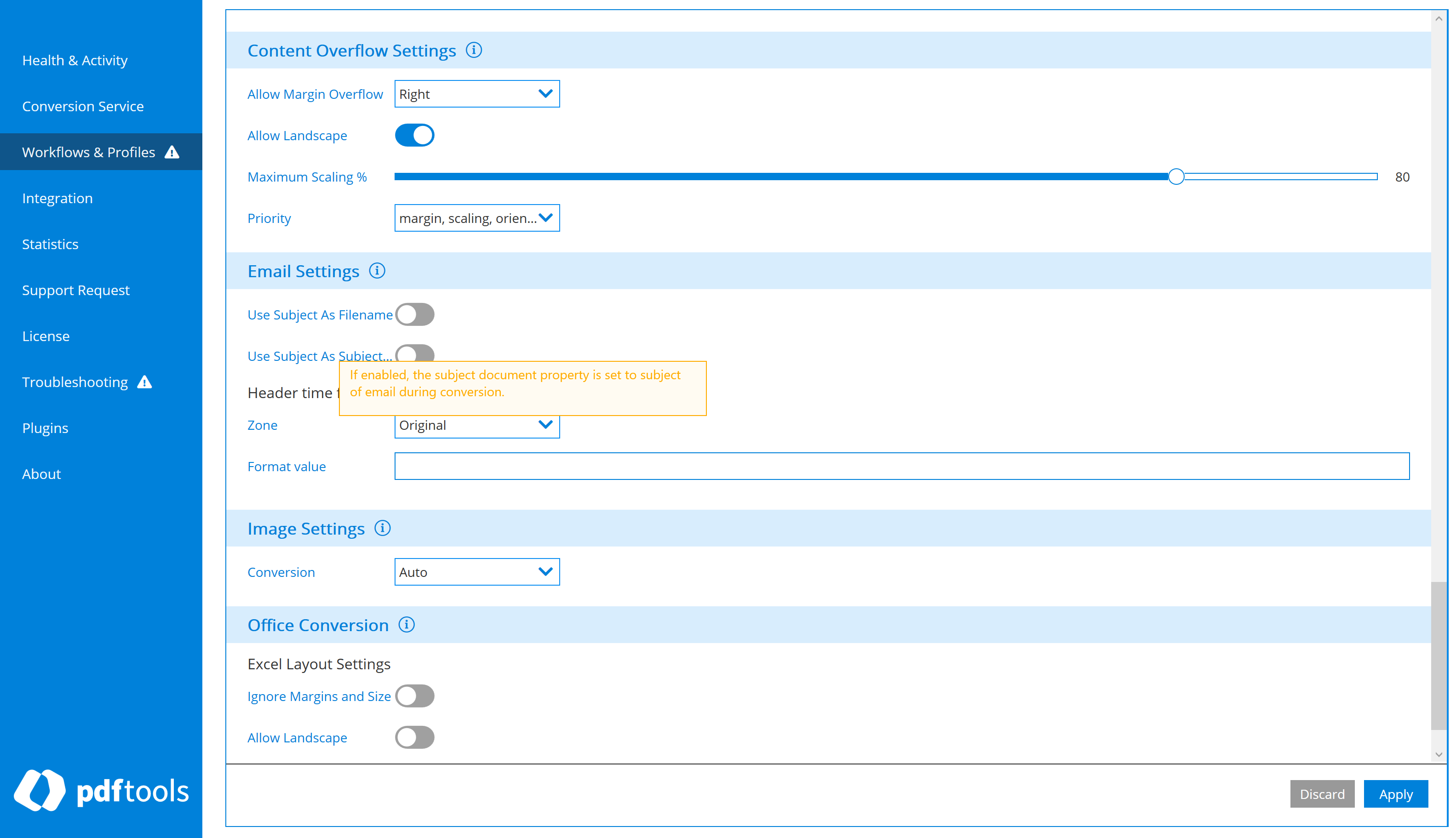Screenshot of the configuration that includes a toggle to enable digital signatures in the Conversion Service Configurator