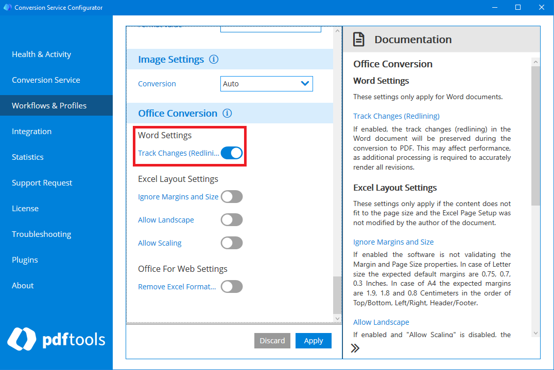 Screenshot of the word track changes configuration in the office conversion settings.