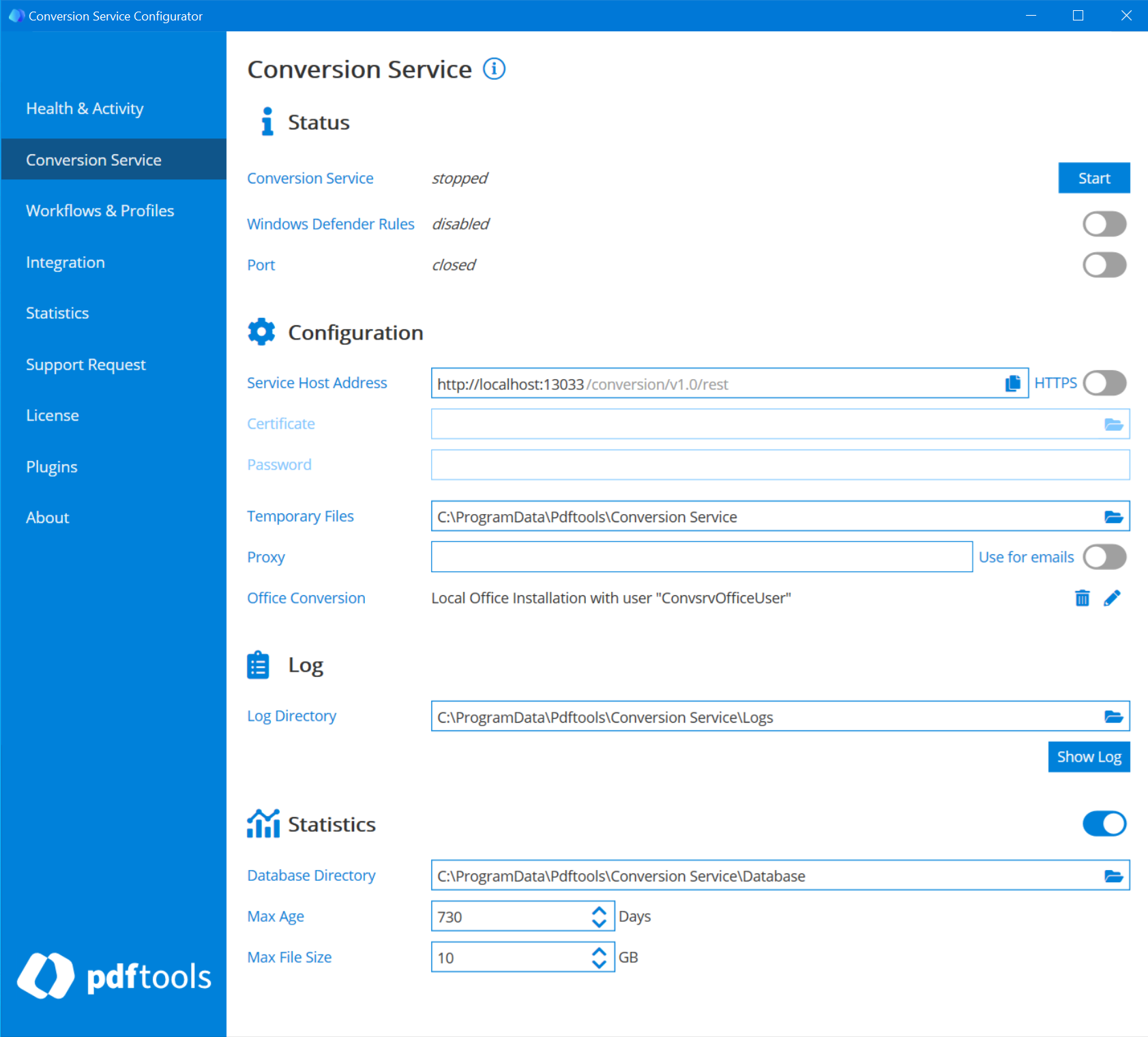 Conversion Service tab of the configurator.
