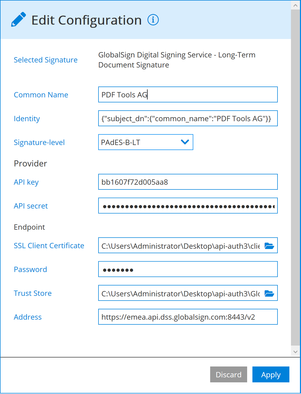 GlobalSign signature configuration of PaDES-B-LT/LTA
