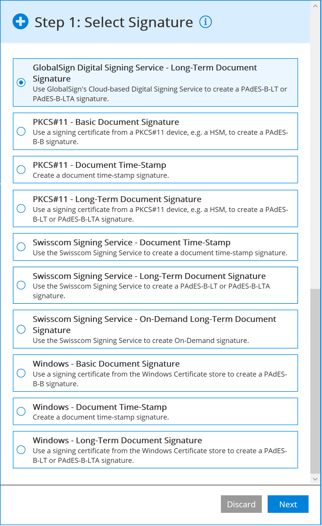 Signature types section in the Conversion Service Configurator