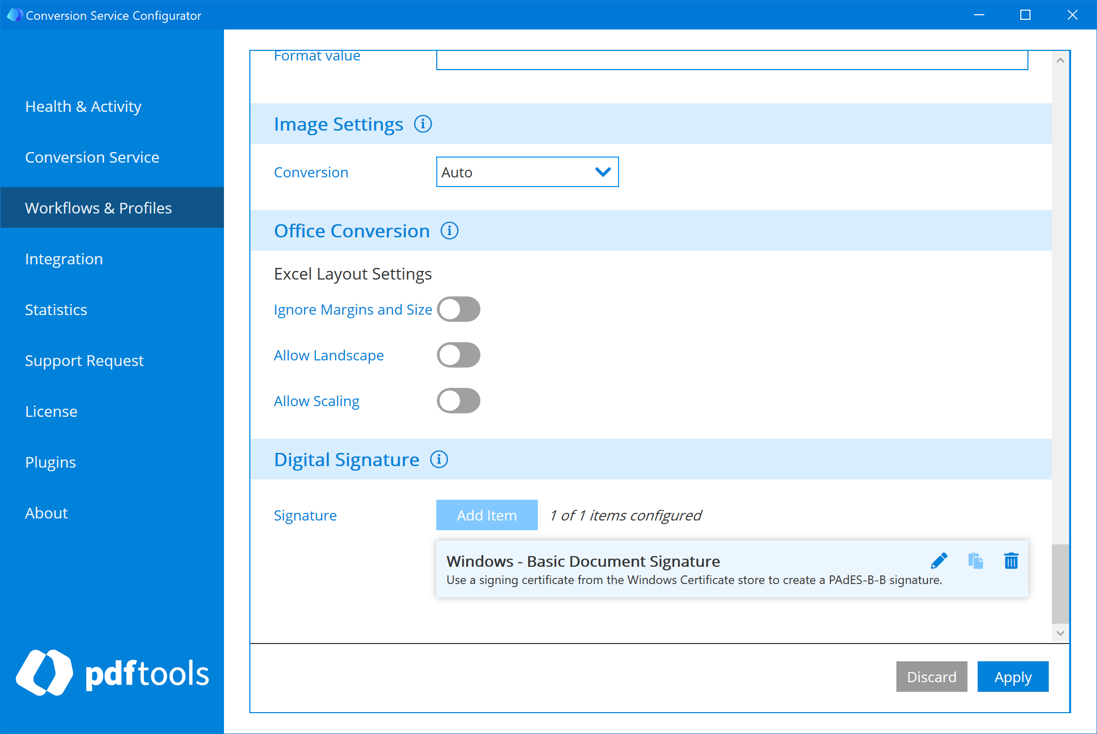 Signature types section configured of the Conversion Service Configurator