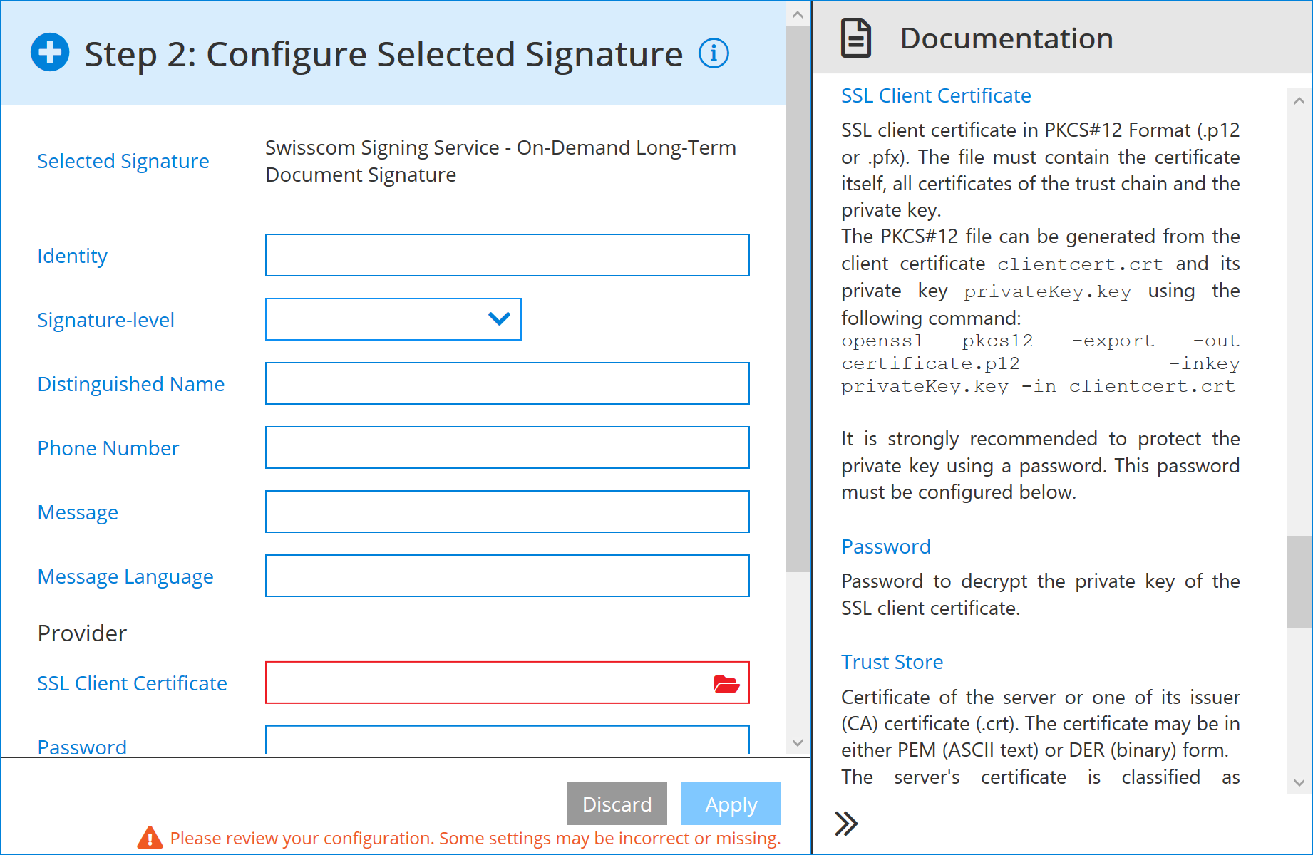 Swisscom signature configuration help text from the Configurator