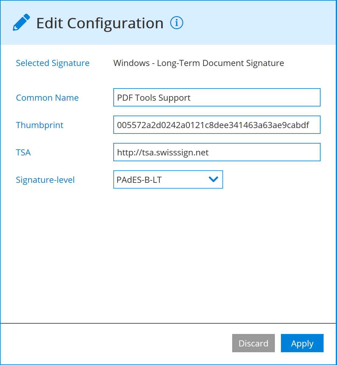 Windows signature configuration of PADES-B-LT/LTA