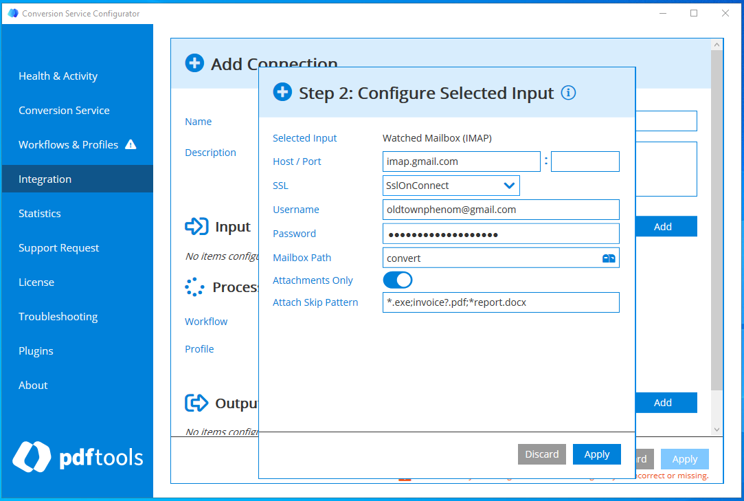 Screenshot of the glob patterns configuration in the email connector settings.