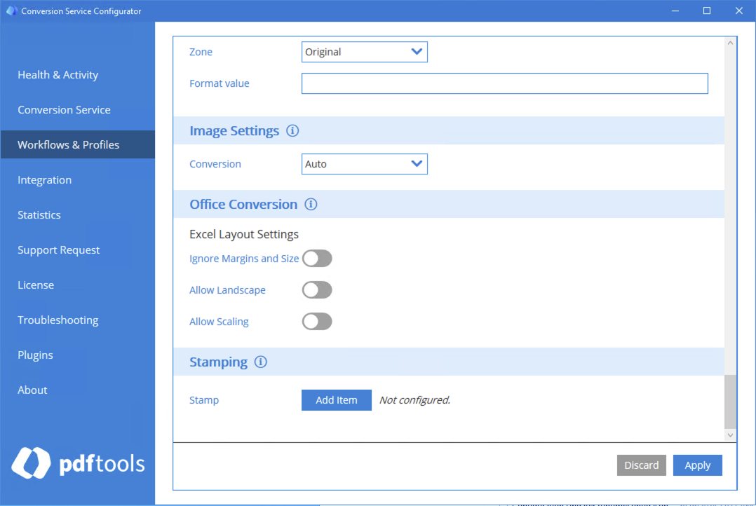 Screenshot of the Stamping section in the Conversion Service Configurator Workflows & Profiles tab.