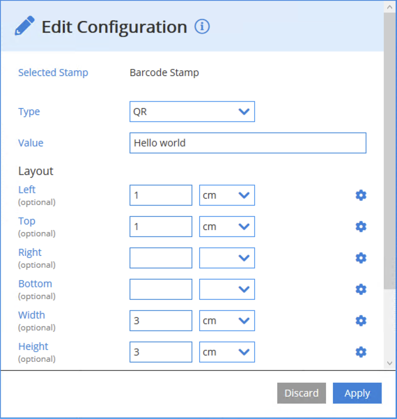 Screenshot of the Stamping layout configuration.