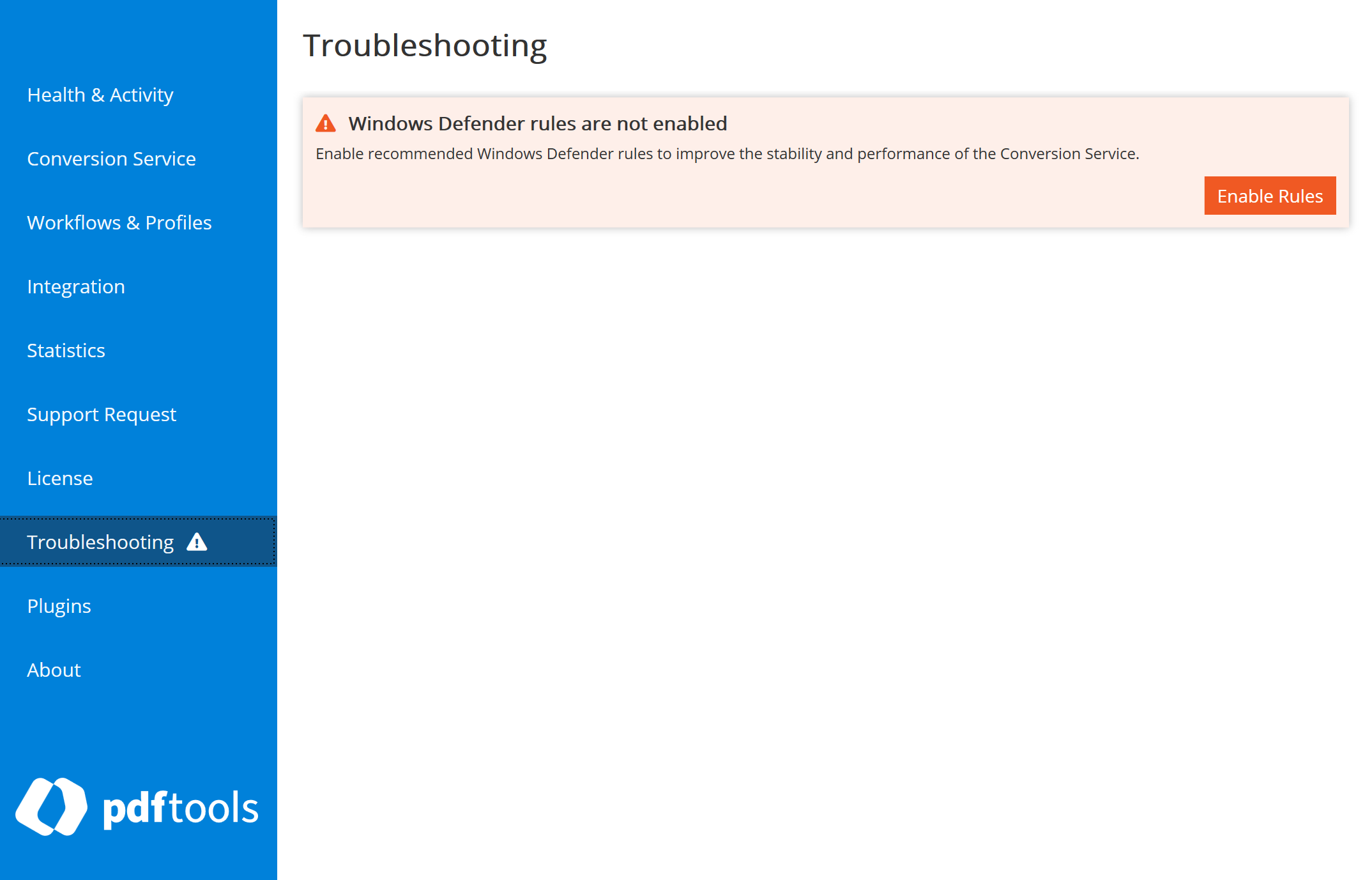 Screenshot of the Troubleshooting tab from the Conversion Service Configurator.