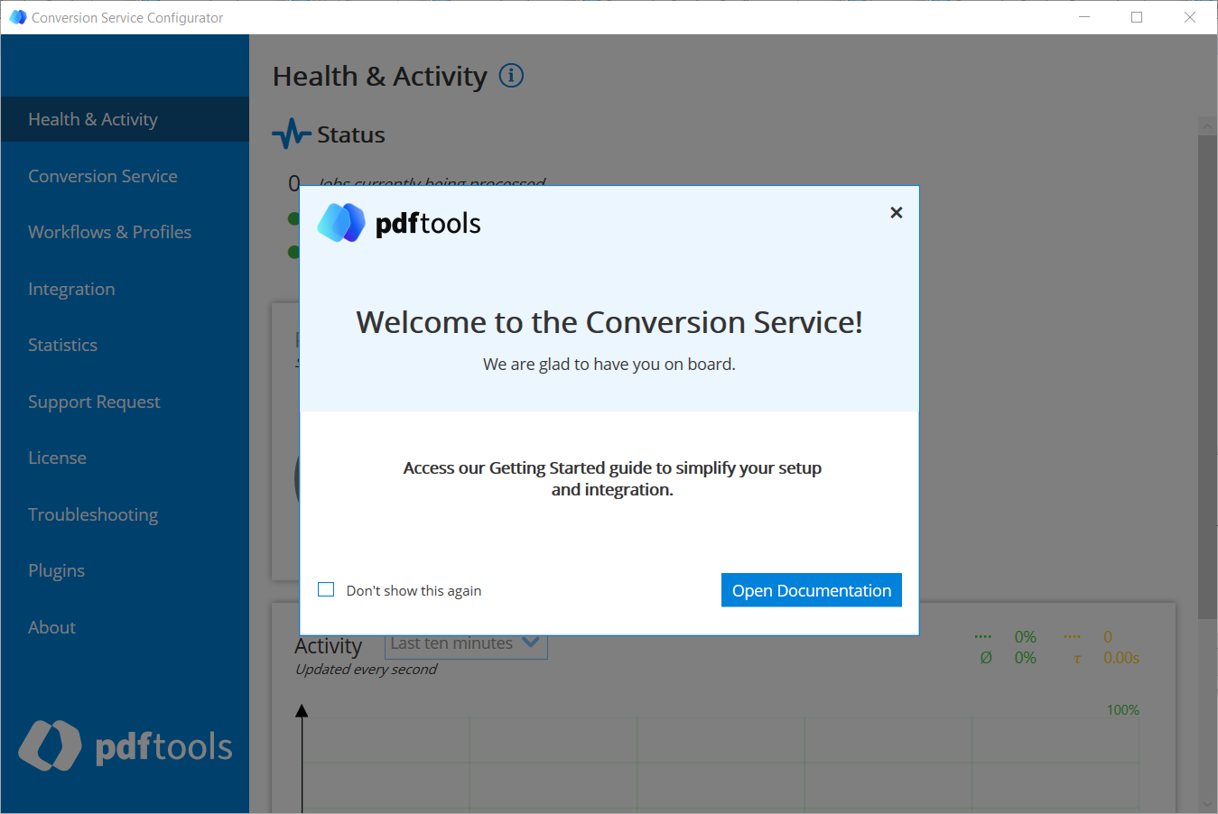 Screenshot of the welcome window from the Conversion Service Configurator