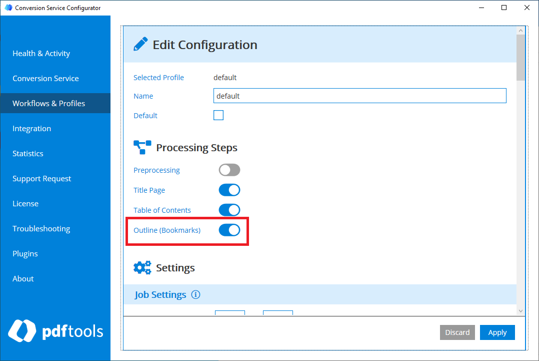 Screenshot of enabling outline in the Conversion Service Configurator.