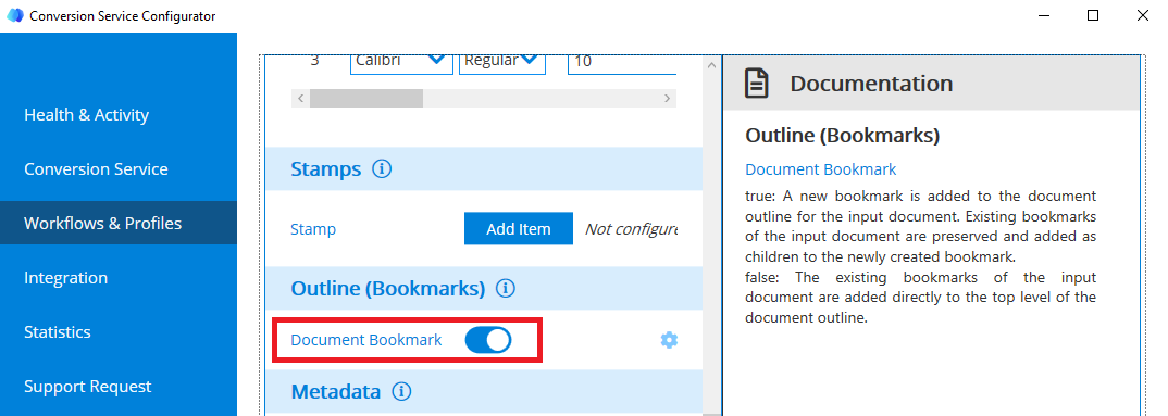 Job level setting for outline in the Conversion Service Configurator.