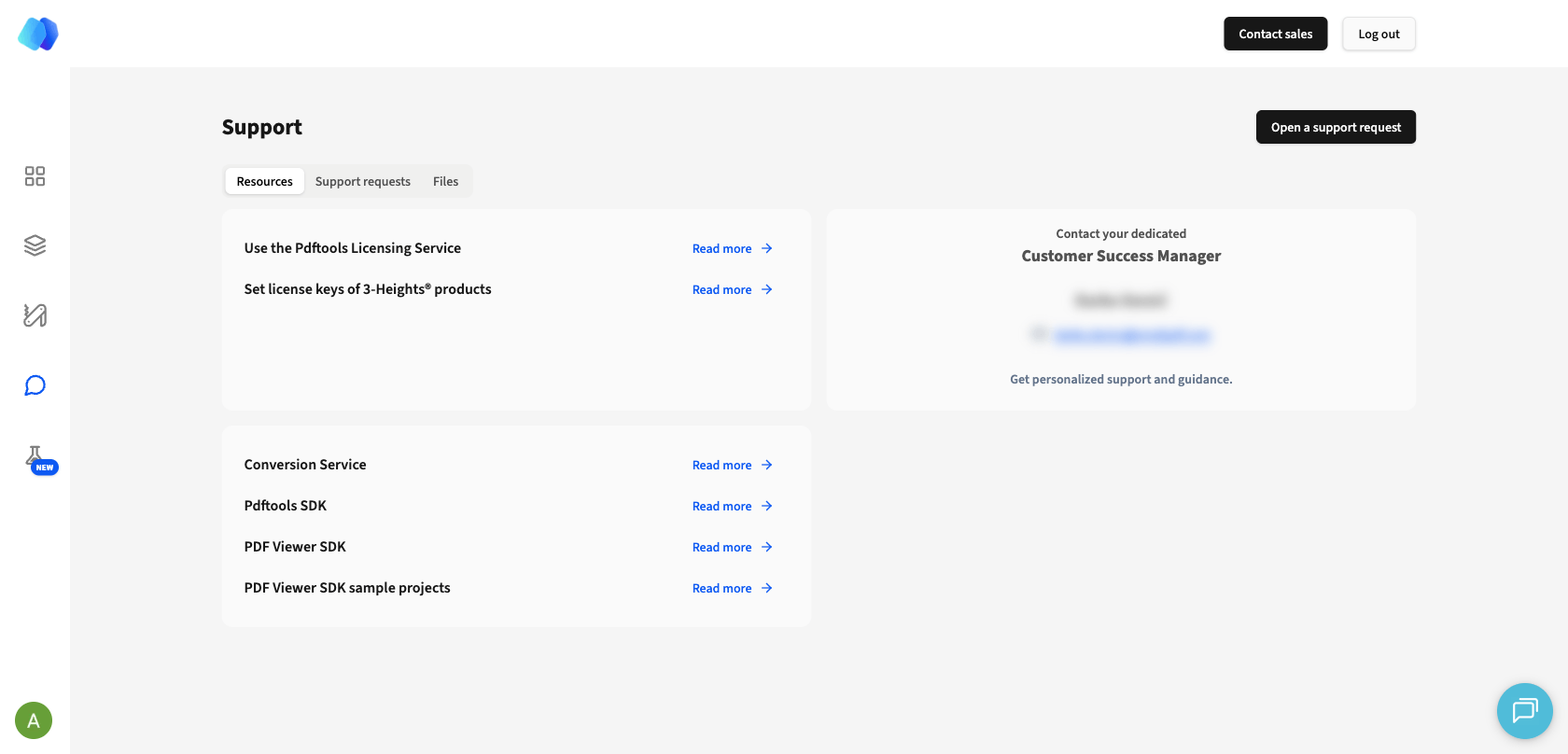 Pdftools Portal Support page with Resources tab, support request button, and customer success manager contact.