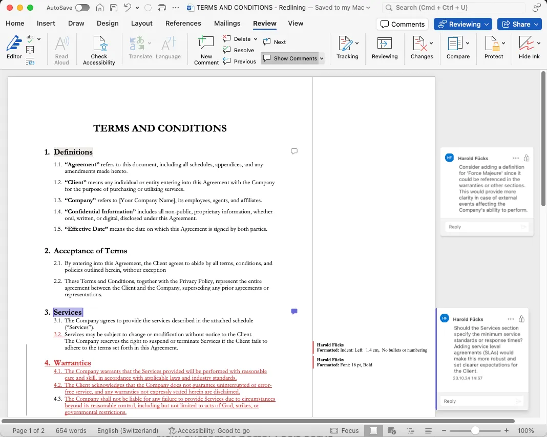 Screenshot of an initial Microsoft Word document with tracked changes.