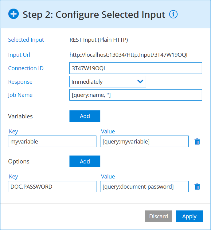 Configuration window of REST Input (HTTP Plain).